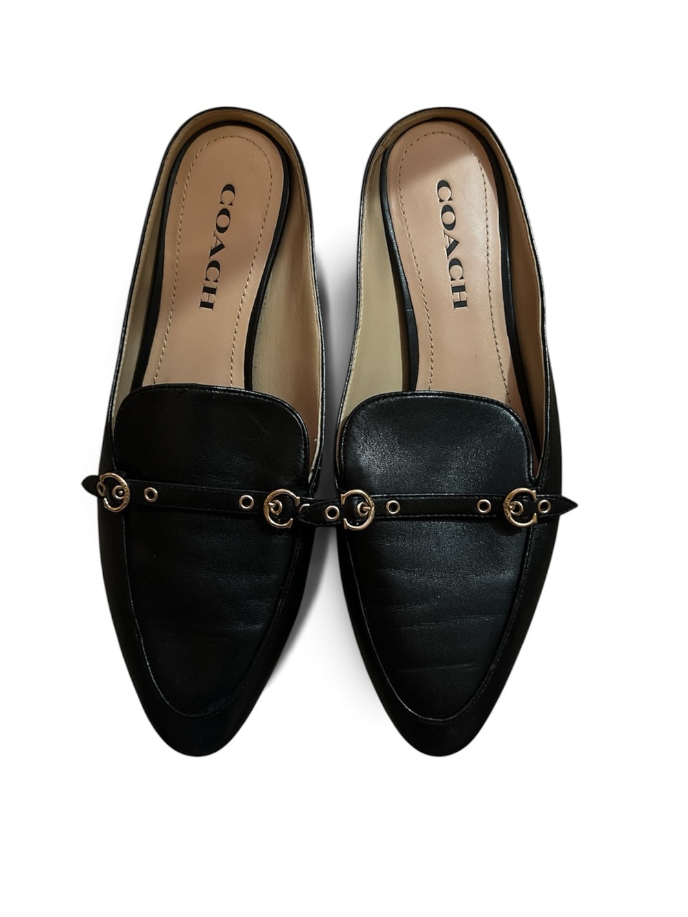 COACH Black Leather Pointed Toe Slip-On Loafers with Gold Accents - Picture 1 of 3